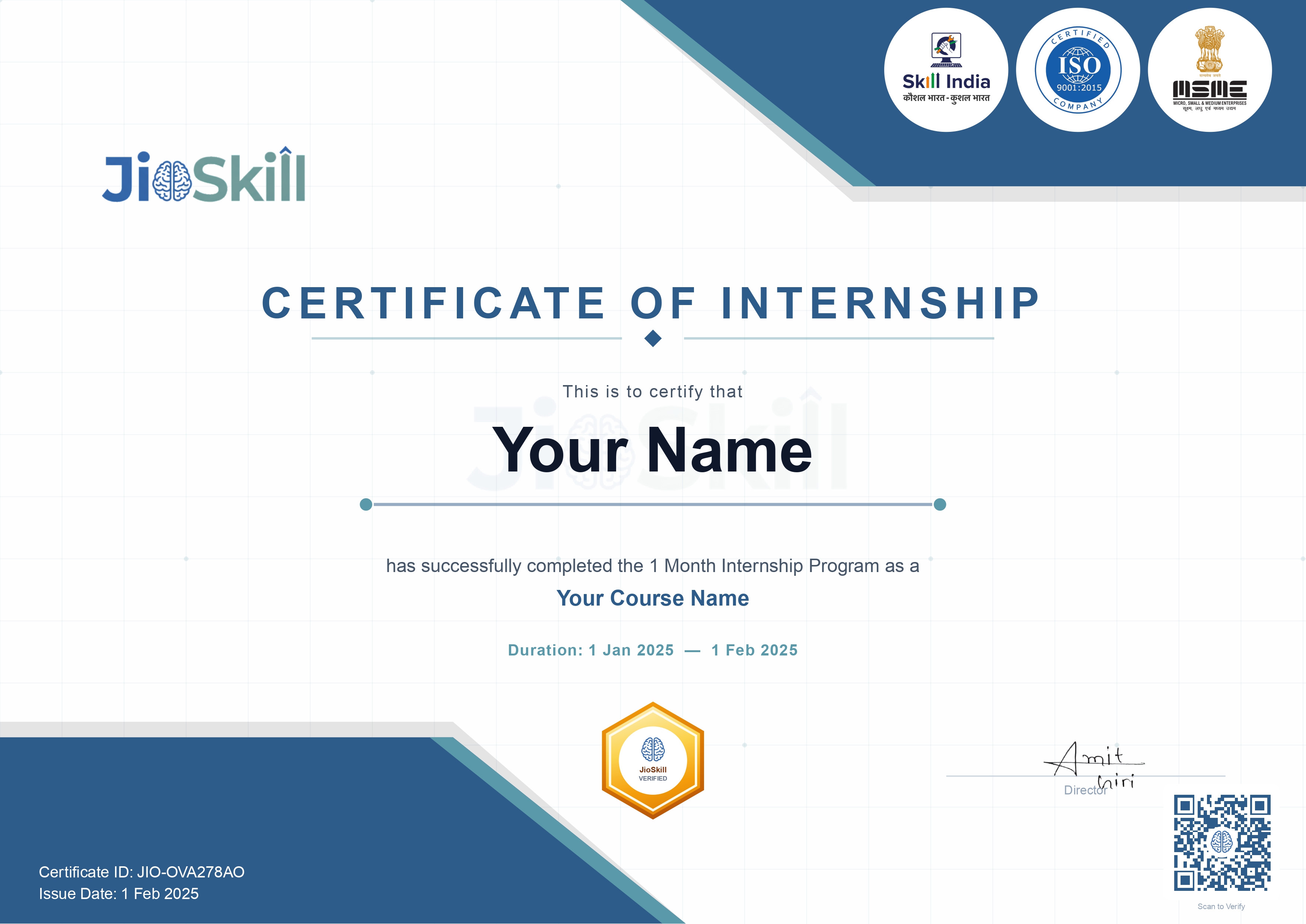 JioSkill Certificate of Internship — ISO certified, Skill India verified