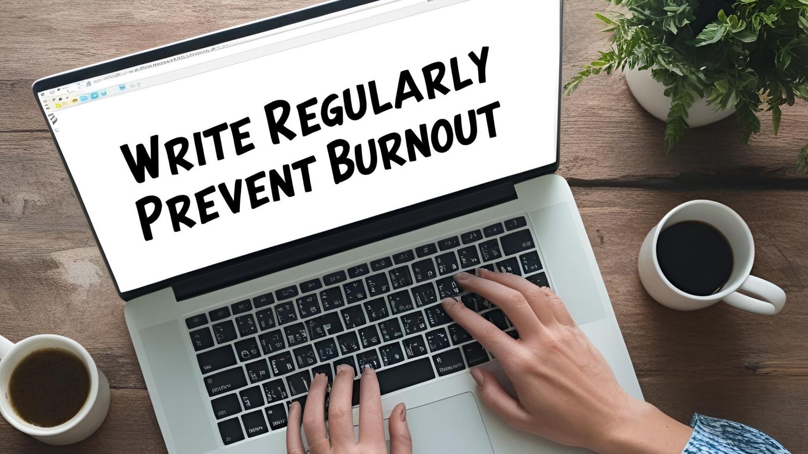 A close-up shot shows a person's hands typing on a laptop, with the screen displaying the text "WRITE REGULARLY PREVENT BURNOUT." Two white mugs, one presumably containing coffee, are positioned on the wooden surface on either side of the laptop. A potted plant is visible in the upper right corner of the image. The laptop and the surrounding items are set against a rustic wooden background.
