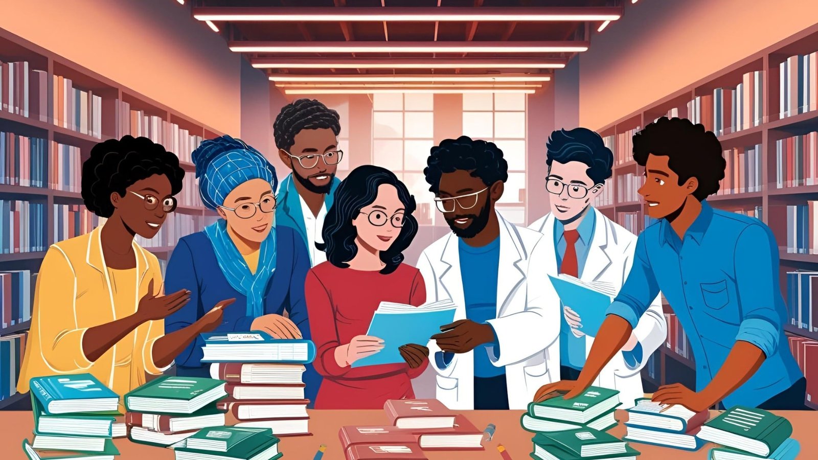 A diverse group of people in a library, collaborating and discussing books and documents, surrounded by stacks of books on a table.